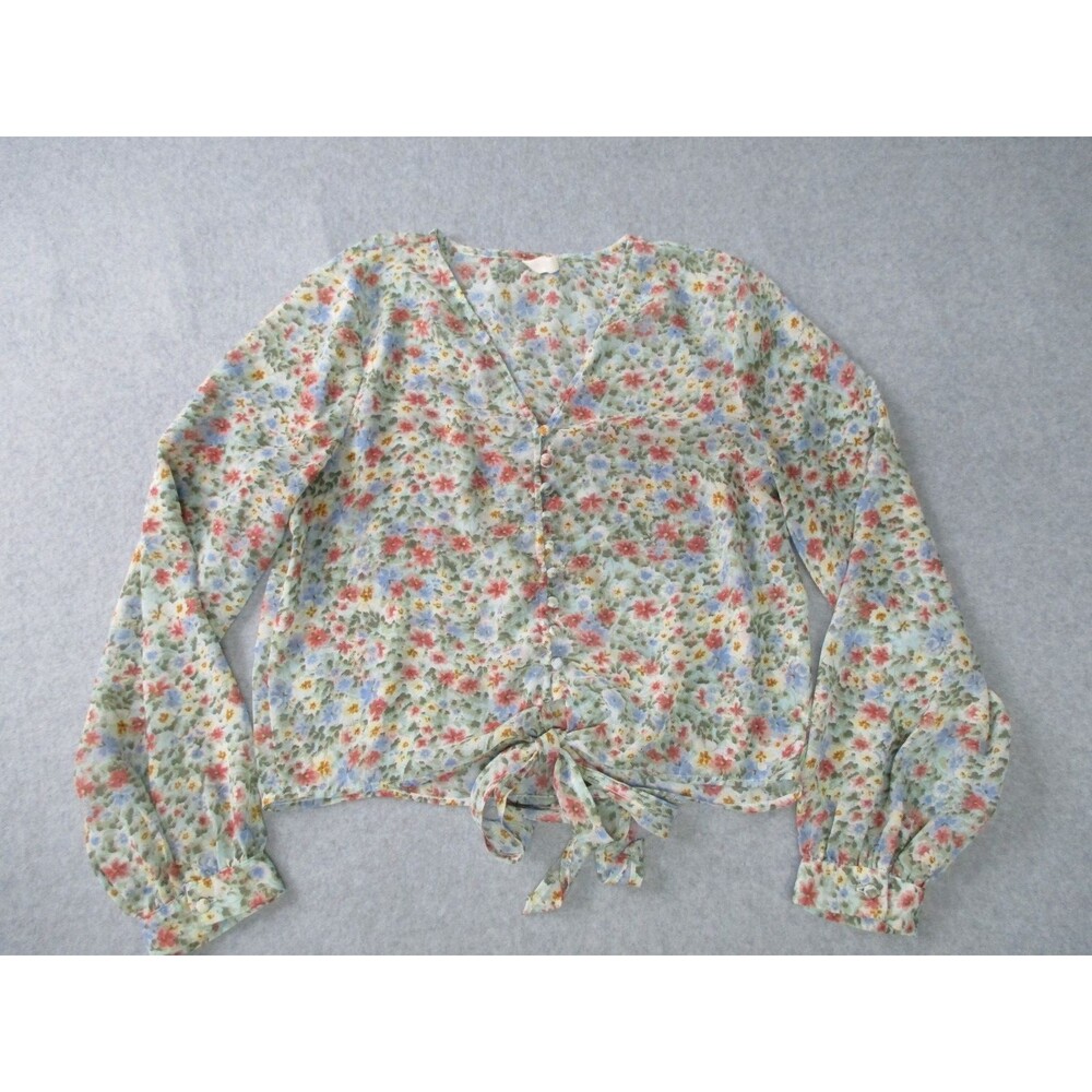 Elan Womens Blouse Medium Crop Top Button Tie Front Ditzy Floral Cottage Prairie